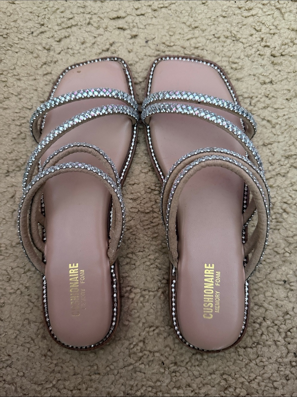 Tan Crystal-Strap Slide Sandals